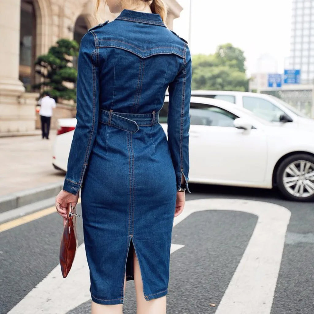 ZOGAA Jeans Dresses Women Denim Daily Slim Long Sleeve Belt Knee-Length Solid Office Lady Large Size Elegant Fashion Casual Chic