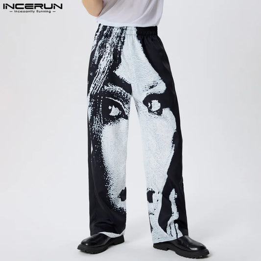 INCERUN 2024 American Style Stylish Trousers Men's Abstract Facial Printed Design Pants Casual City Walk Male Hot Sale Pantalons