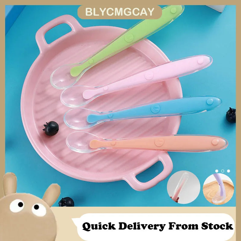 Baby Soft Silicone Spoon Soft Head Soup Spoon Baby Eating Training Spoon and Storage Box Feeding Tableware Set