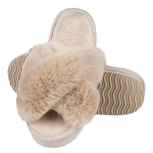 Comwarm Fashion Fur Thick Sole Slides Women's Cross Band Fuzzy Slippers Winter Fluffy Open Toe House Slippers Indoor Flat Shoes