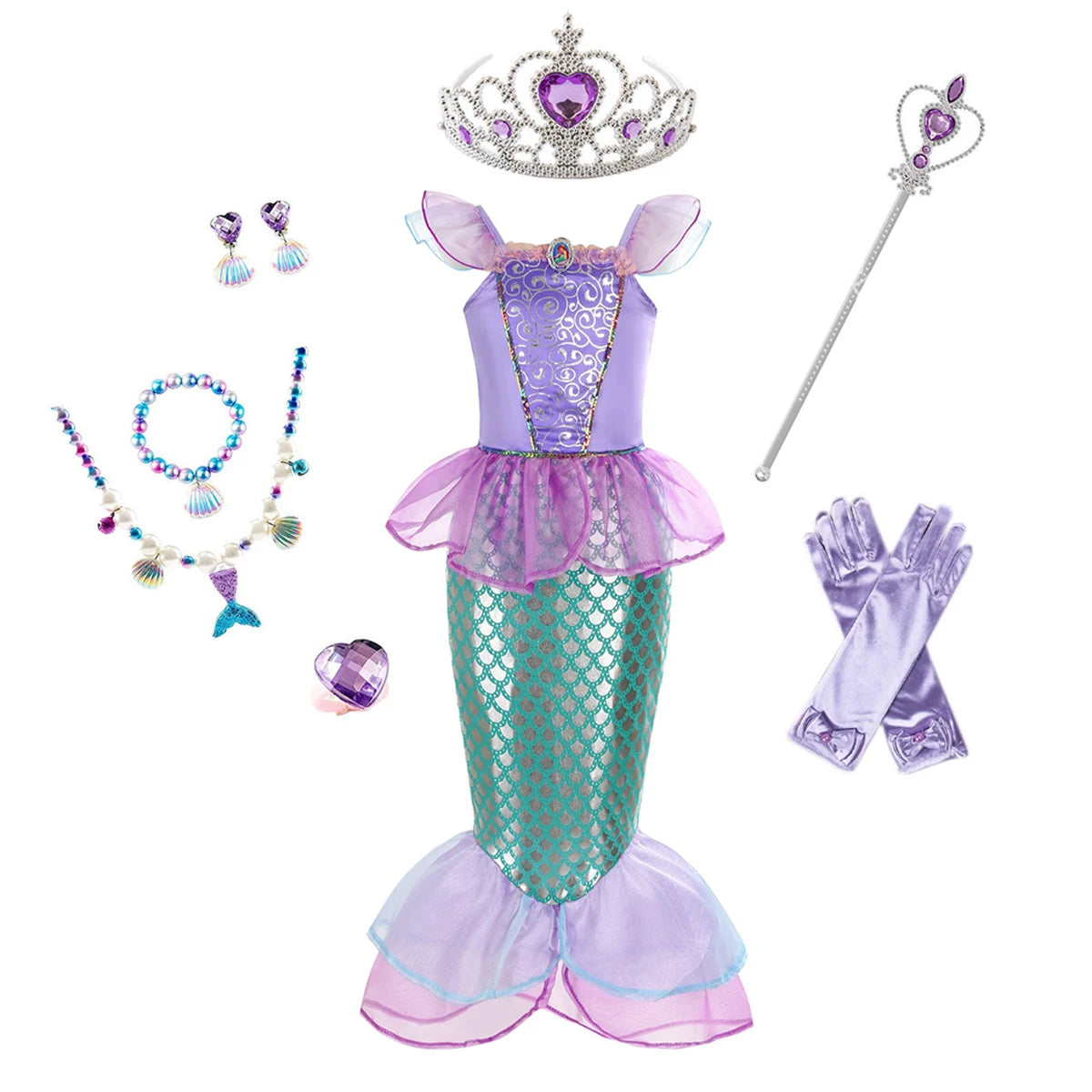 8pcs set of Girls Princess Mermaid Dress Costume Dress Up +accessories, Birthday Party Cosplay Outfit Kids Clothes  for Super bo