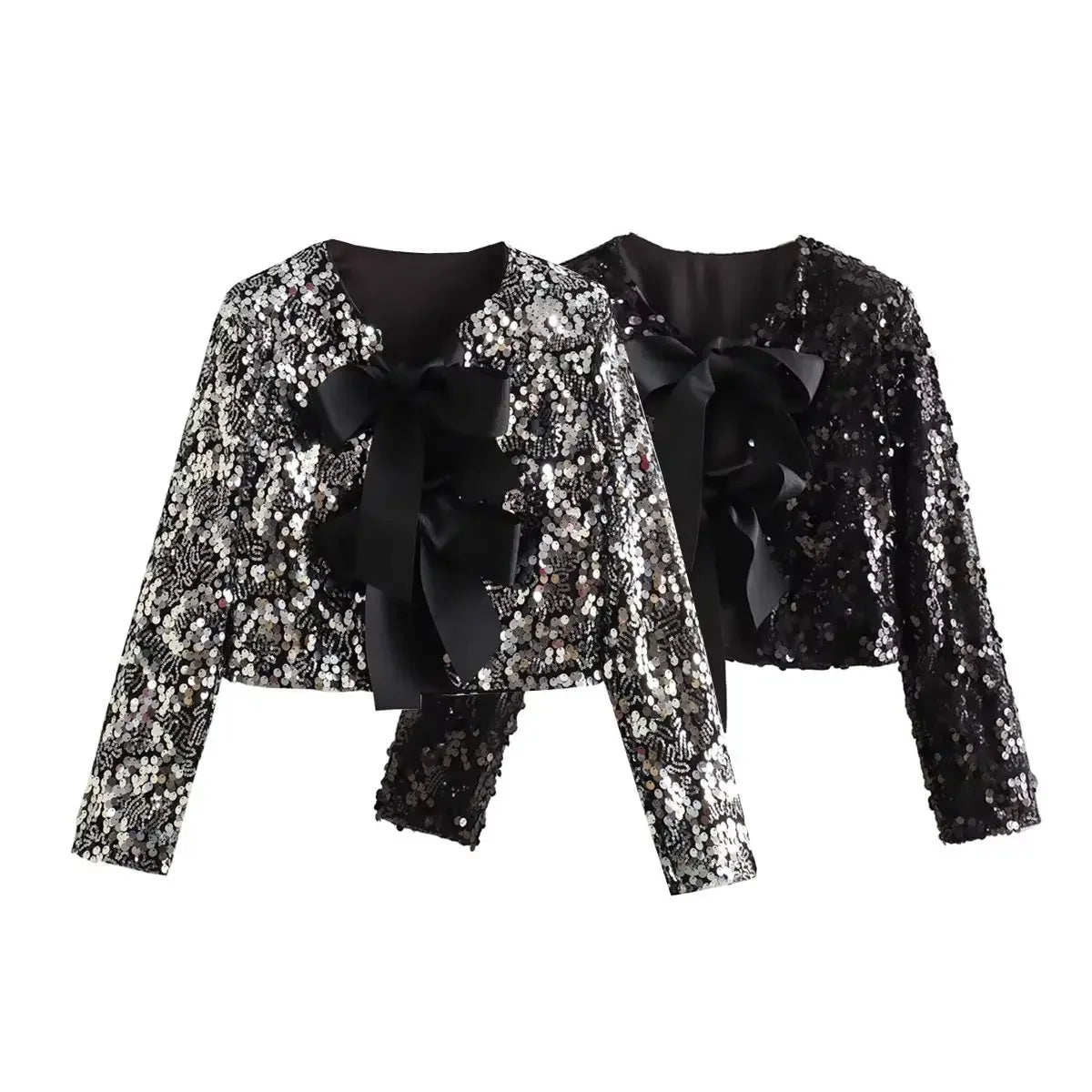 2024 Spring New Women's Fashionable Sequined Bow Cropped Jacket Long Sleeve Top Crew Neck European And American Crossbody