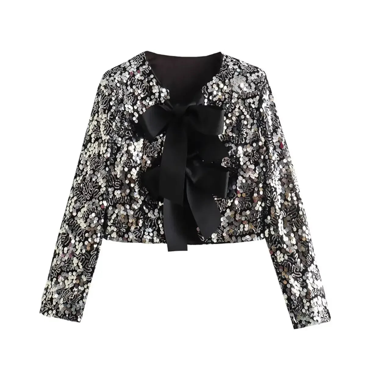 2024 Spring New Women's Fashionable Sequined Bow Cropped Jacket Long Sleeve Top Crew Neck European And American Crossbody