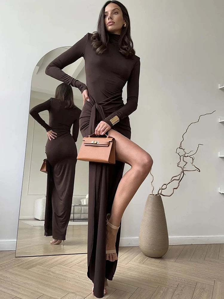 JULISSA MO Sexy High Slit Bandage Women Long Dress Black Turtleneck Long Sleeve Dress Female Winter Slim Elegant Women Clothing