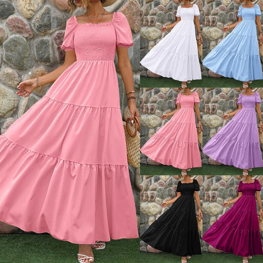 Summer Women's Dress 2024 Boho Sundress Short Sleeve Ruffle Hem A Line Flowy Maxi Dresses Fashion Holiday Beach Dress платье