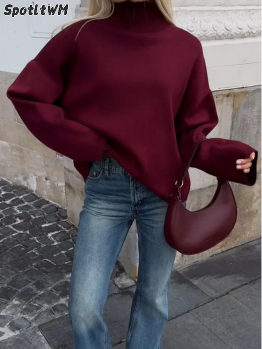 2024 Classic Burgundy Turtleneck Pullover Fashion Long Sleeve Loose Women's Sweater Female Autumn Winter New Commuting Knitwear