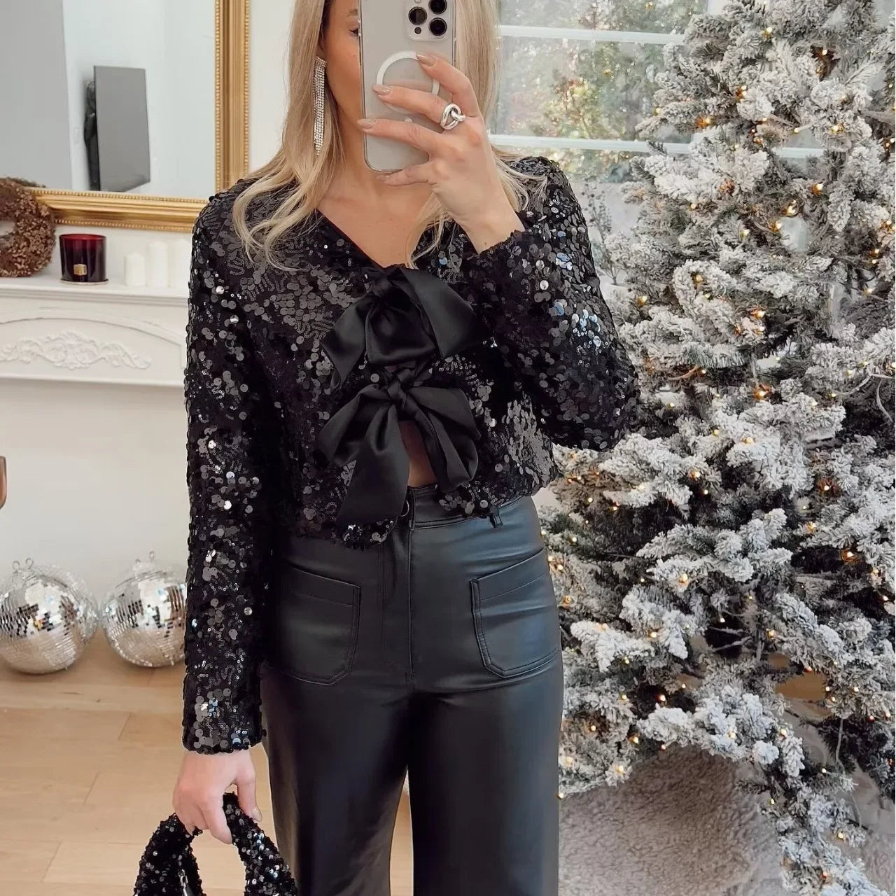 2024 Spring New Women's Fashionable Sequined Bow Cropped Jacket Long Sleeve Top Crew Neck European And American Crossbody