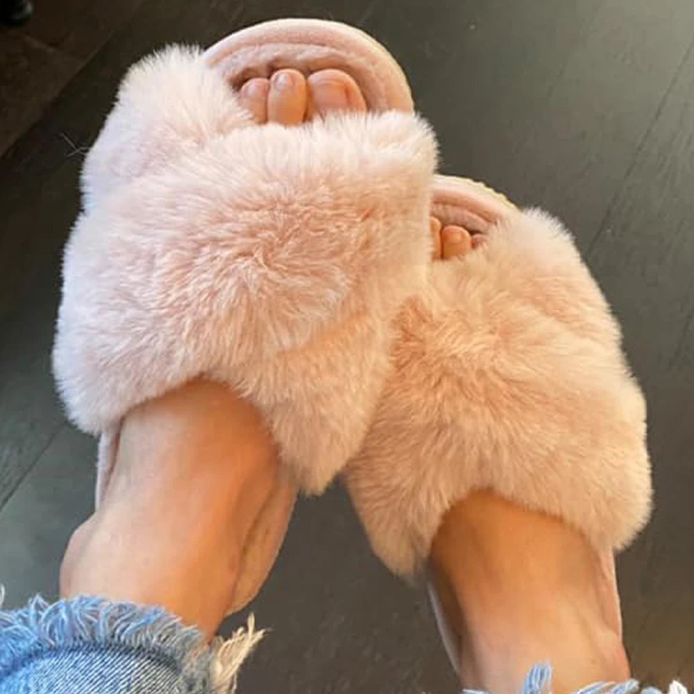 Comwarm Fashion Fur Thick Sole Slides Women's Cross Band Fuzzy Slippers Winter Fluffy Open Toe House Slippers Indoor Flat Shoes