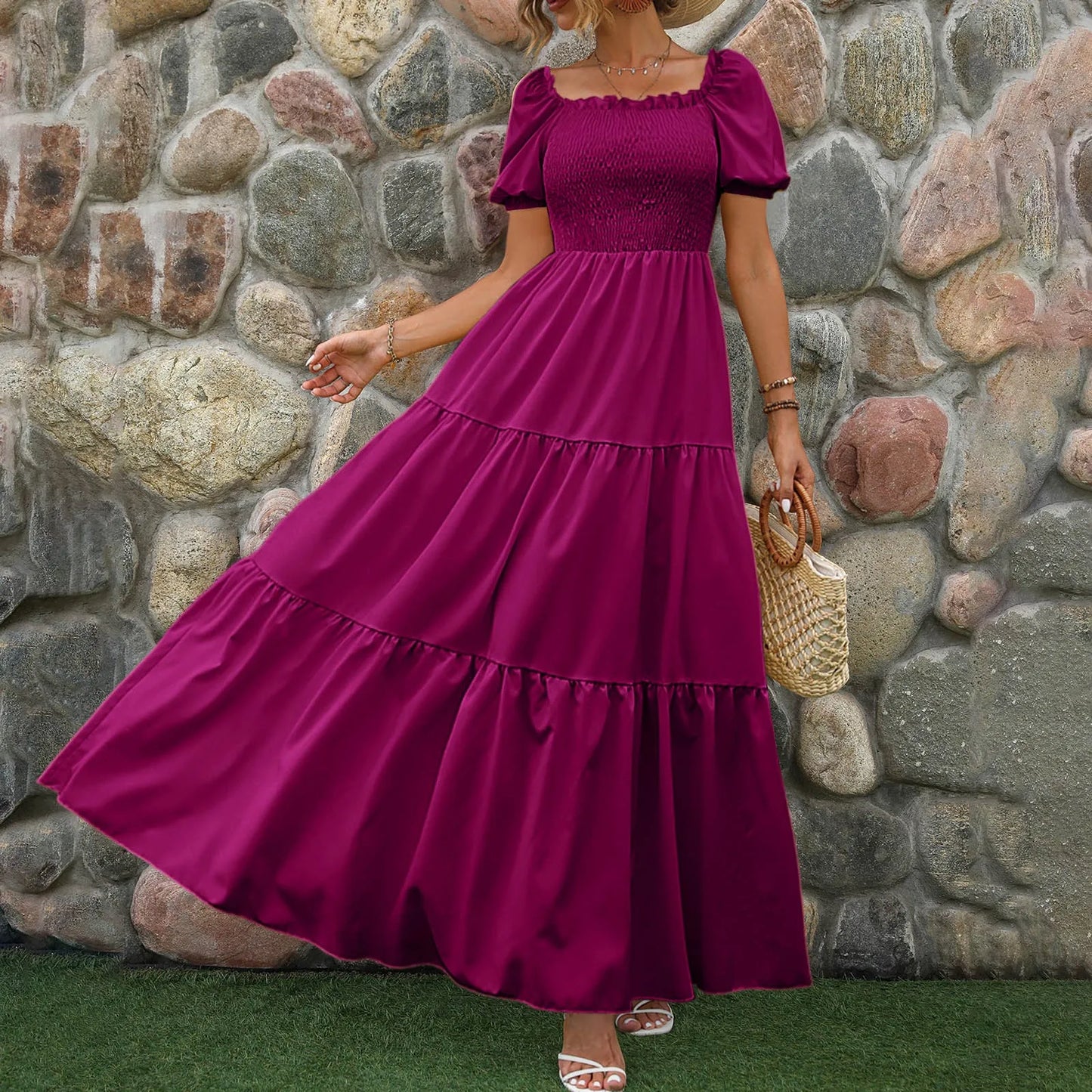 Summer Women's Dress 2024 Boho Sundress Short Sleeve Ruffle Hem A Line Flowy Maxi Dresses Fashion Holiday Beach Dress платье