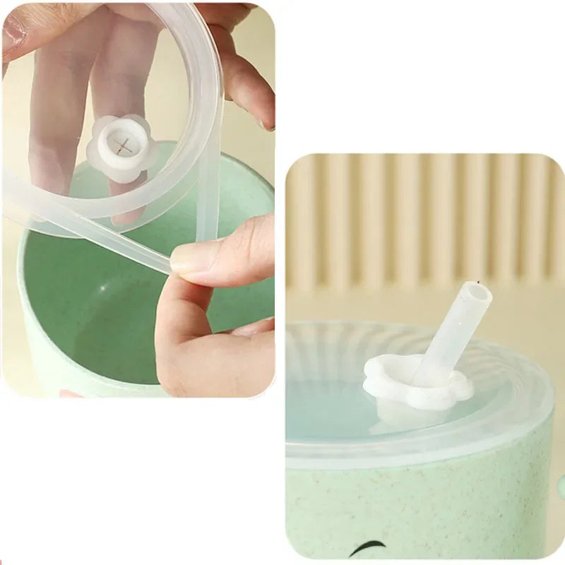 Baby Feeding Bottle Kids Cup Silicone Sippy Children Leakproof Drinking Cups Cartoon Infant Straw Handle Wheat-Straw Drinkware