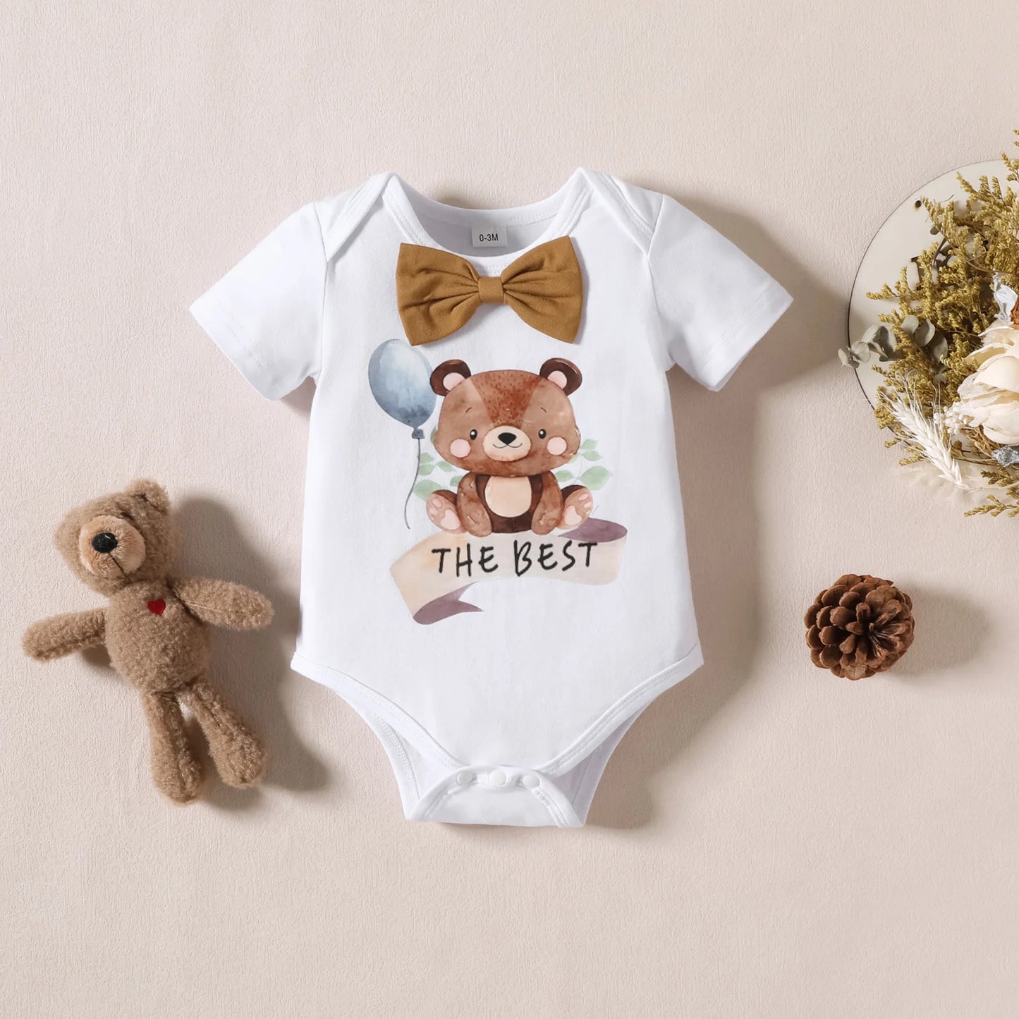 2Pcs Baby Boys Clothes 0-18M Bow Cartoon Print Top Solid Color Shorts Fashion Cute Soft Newborn 2024 Summer Wear Casual Clothing