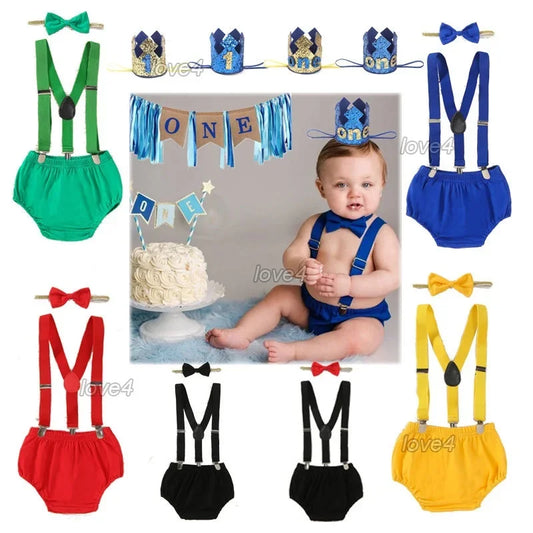 New Born Baby Clothes Set 1st Birthday Outfit Suspender PP Pants with Tie Baby Cake Cash Outfit Baby 0 12M Photoshoot Clothes