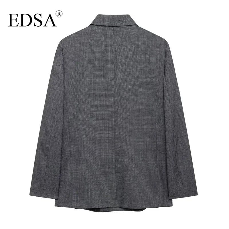 EDSA Women Grey Double Breasted Blazer Jacket for Office Lady Long Sleeves Female Coat Suit Coat