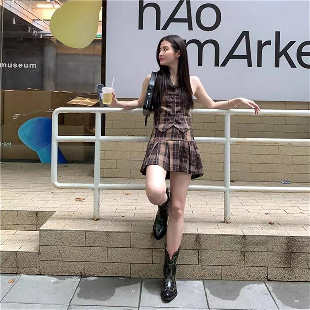 Korean fashion mini skirts for women streetwear 2024 fall fashion plaid pleated skirts women vintage clothes y2k skirts brown