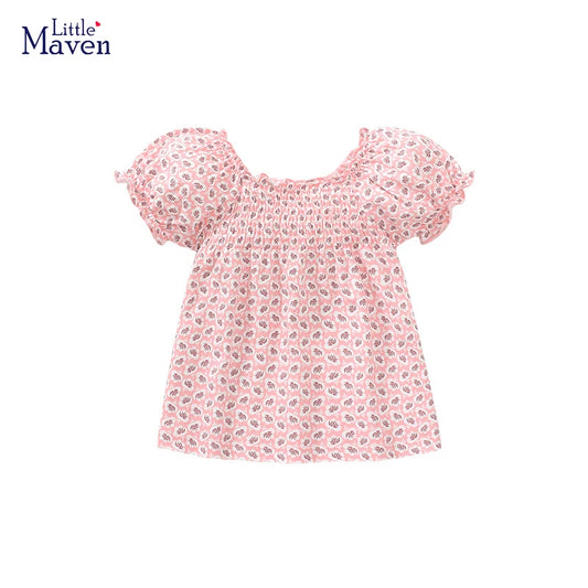 Little maven 2024 New Clothes Child Girls Summer Puff Sleeve Kids Tops Tees Shirts Cotton Cartoon Children's Clothing