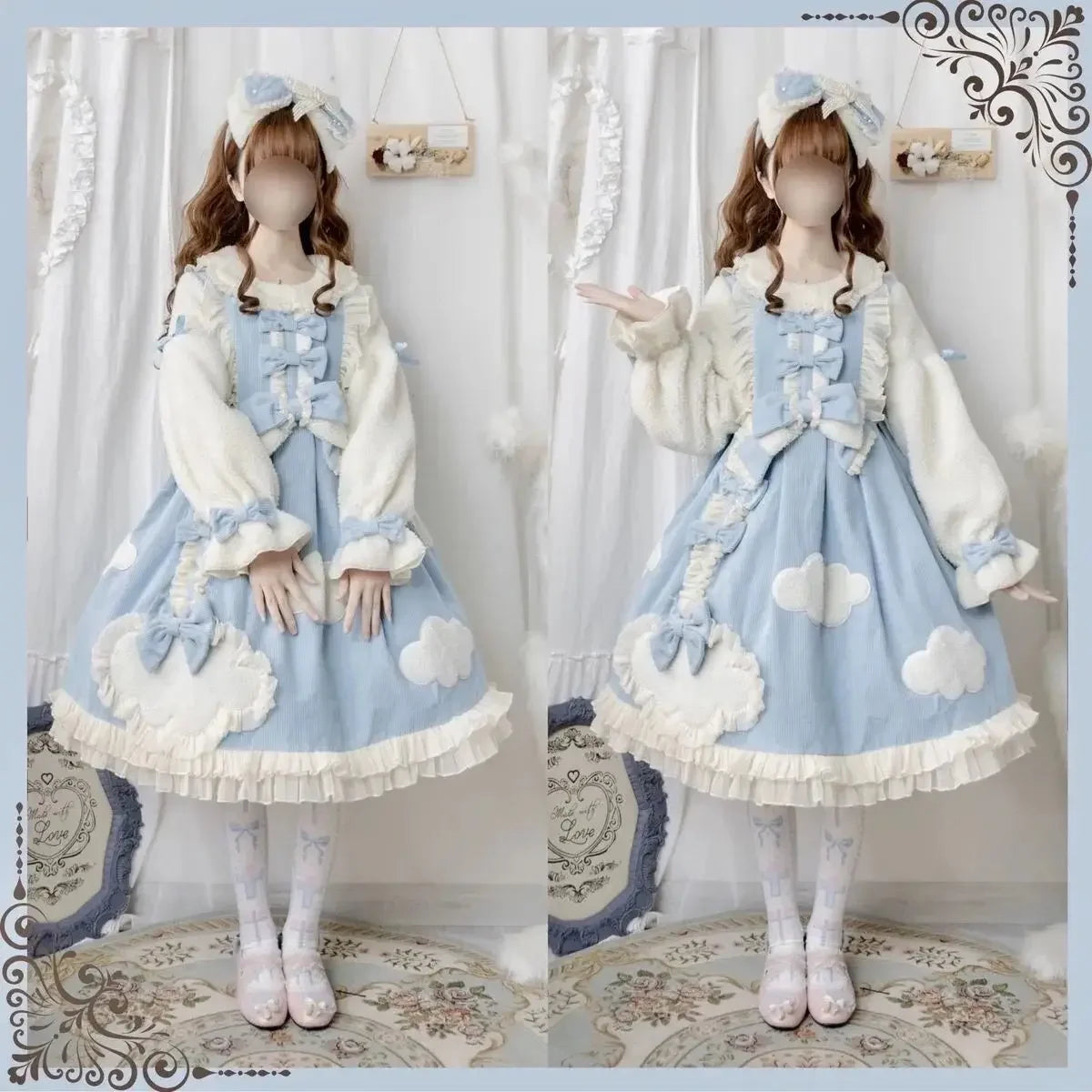 NONSAR Autumn Winter Thickened Warm Cloud Lolita Dress Girl Japanese Sweet Doll Collar Long Sleeve Bow Ruffles Cute OP Dress