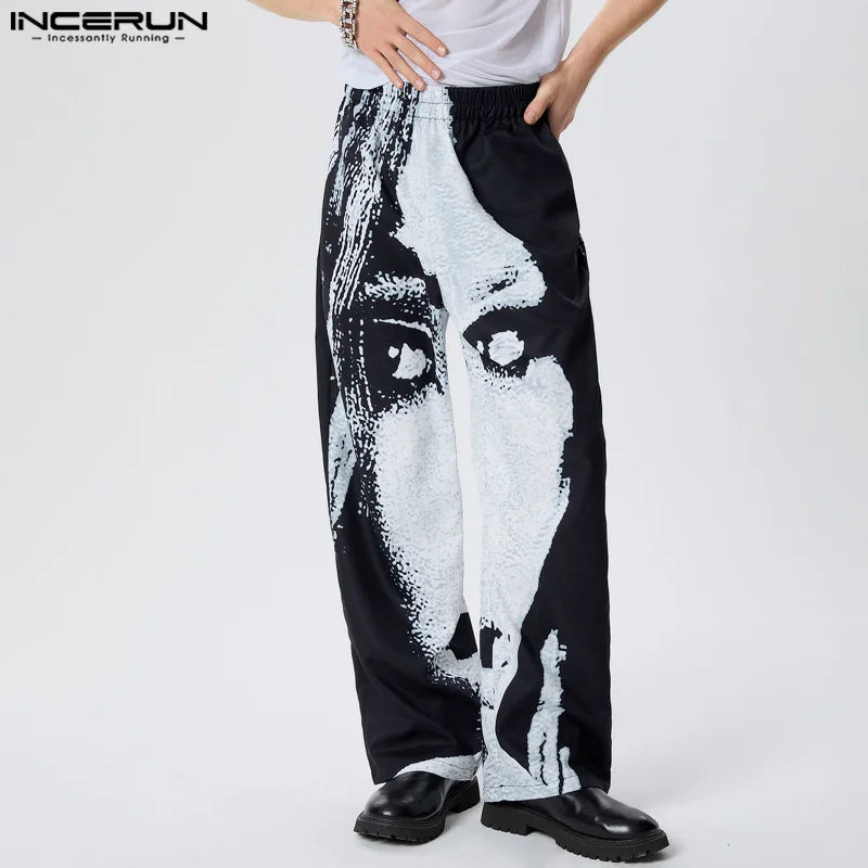 INCERUN 2024 American Style Stylish Trousers Men's Abstract Facial Printed Design Pants Casual City Walk Male Hot Sale Pantalons