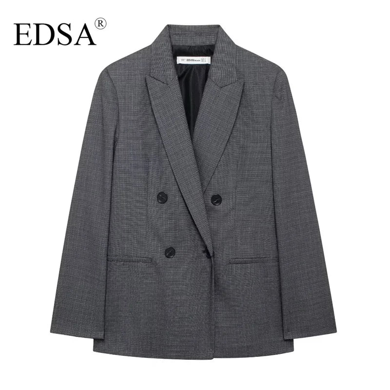 EDSA Women Grey Double Breasted Blazer Jacket for Office Lady Long Sleeves Female Coat Suit Coat