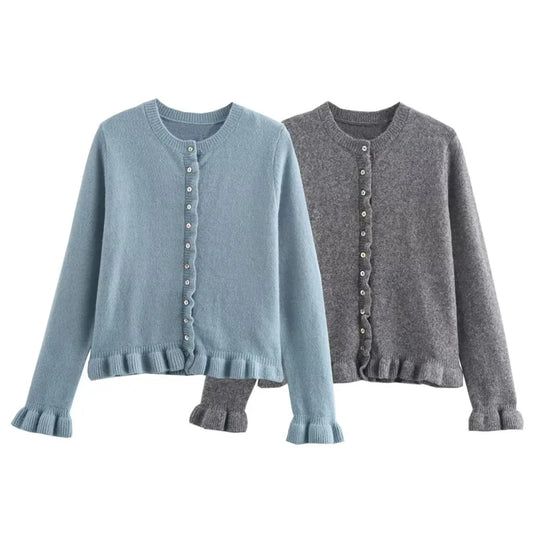 HXAO 2024 Woman Ruffled Crop Cardigan Autumn Blue Grey Knitwear Women's Sweater Ruched Long Sleeve Outwear Korean Style Cardigan