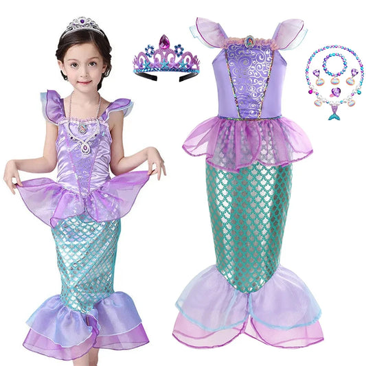 Disney Ariel Princess Costumes Cosplay Dress for Kids Girls Mermaid Dress Girls Summer Casual Halloween Birthday Party Dress Up