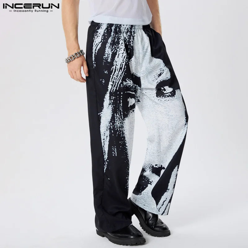 INCERUN 2024 American Style Stylish Trousers Men's Abstract Facial Printed Design Pants Casual City Walk Male Hot Sale Pantalons