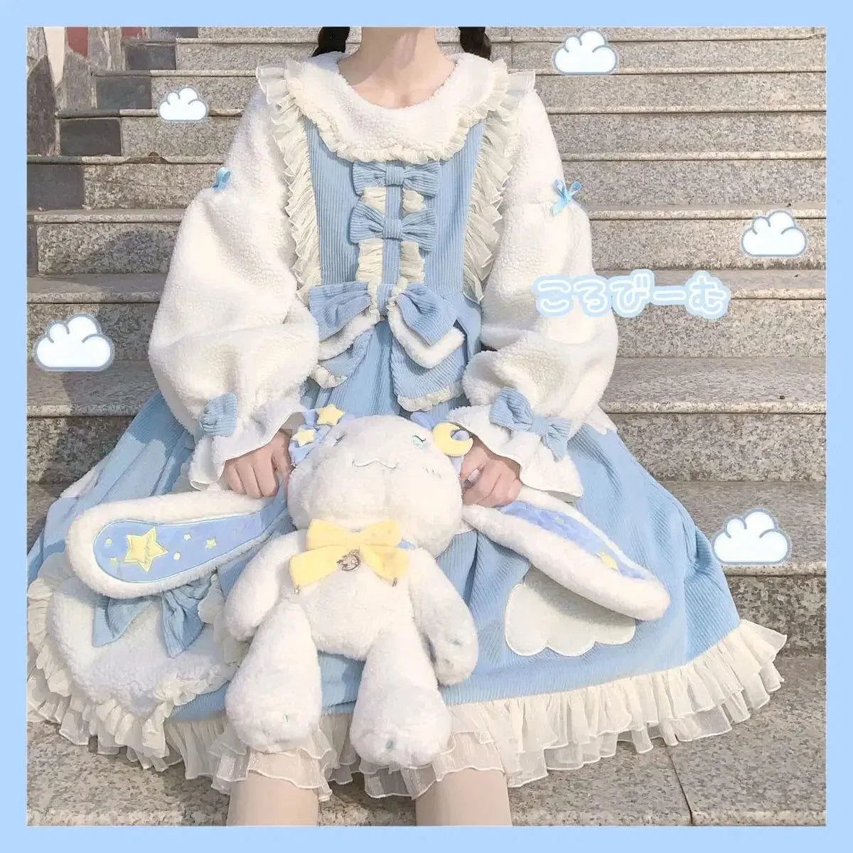 NONSAR Autumn Winter Thickened Warm Cloud Lolita Dress Girl Japanese Sweet Doll Collar Long Sleeve Bow Ruffles Cute OP Dress