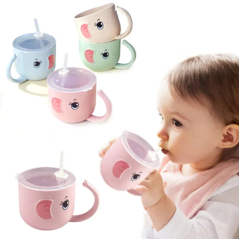 Baby Feeding Bottle Kids Cup Silicone Sippy Children Leakproof Drinking Cups Cartoon Infant Straw Handle Wheat-Straw Drinkware