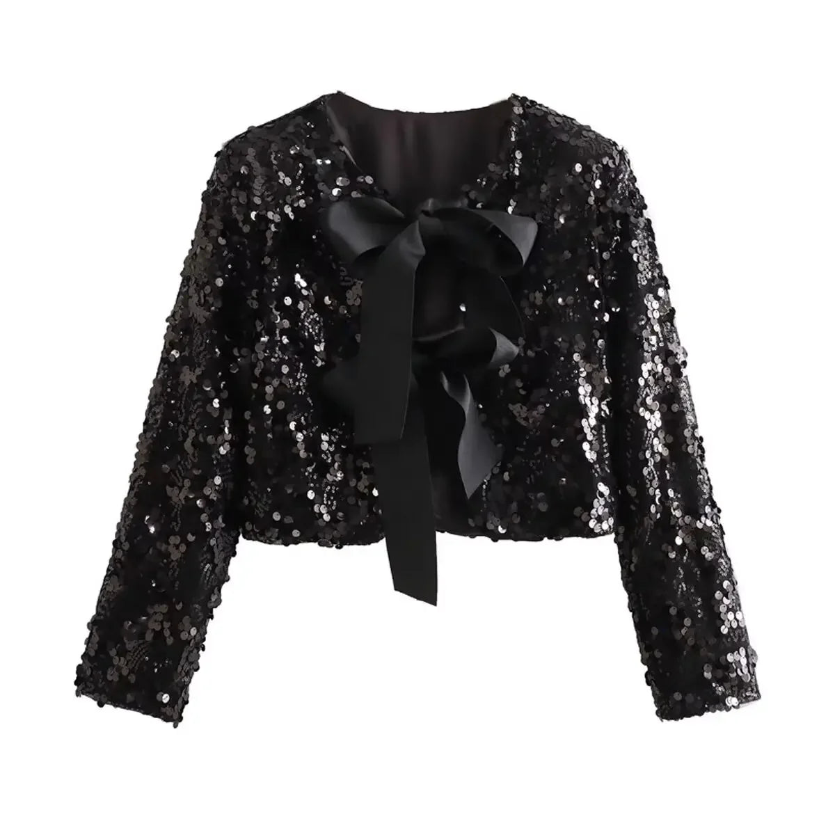 2024 Spring New Women's Fashionable Sequined Bow Cropped Jacket Long Sleeve Top Crew Neck European And American Crossbody