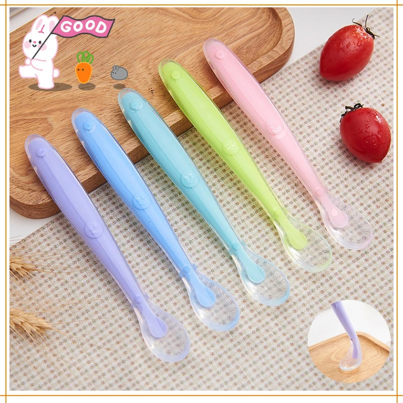 Baby Soft Silicone Spoon Soft Head Soup Spoon Baby Eating Training Spoon and Storage Box Feeding Tableware Set