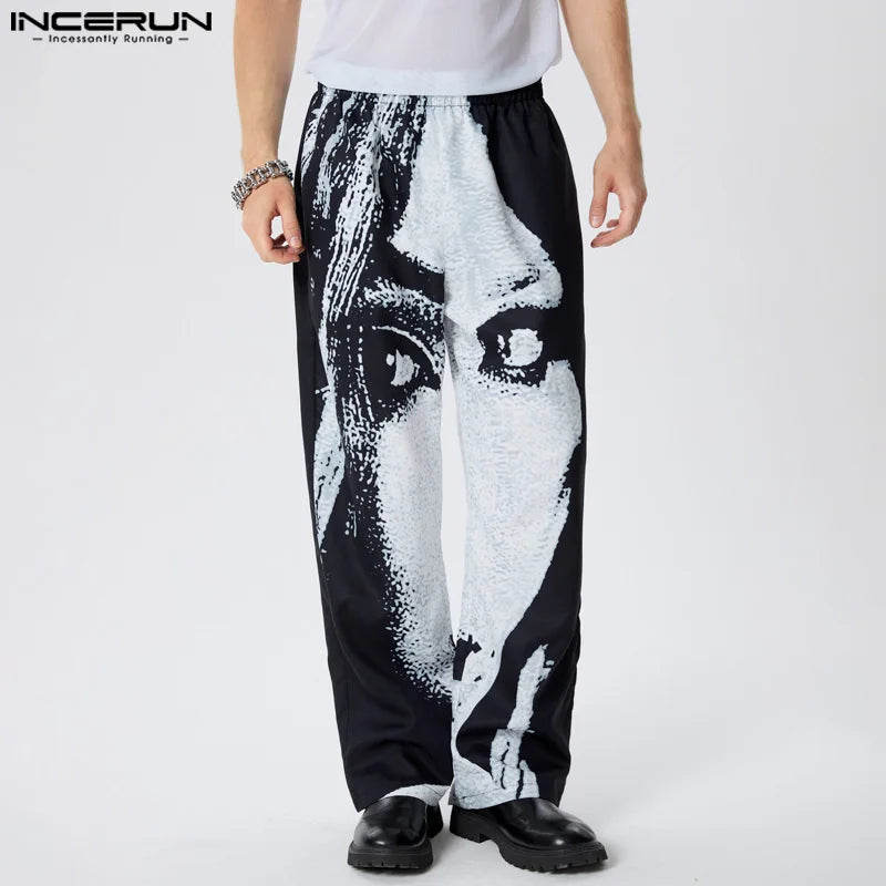 INCERUN 2024 American Style Stylish Trousers Men's Abstract Facial Printed Design Pants Casual City Walk Male Hot Sale Pantalons